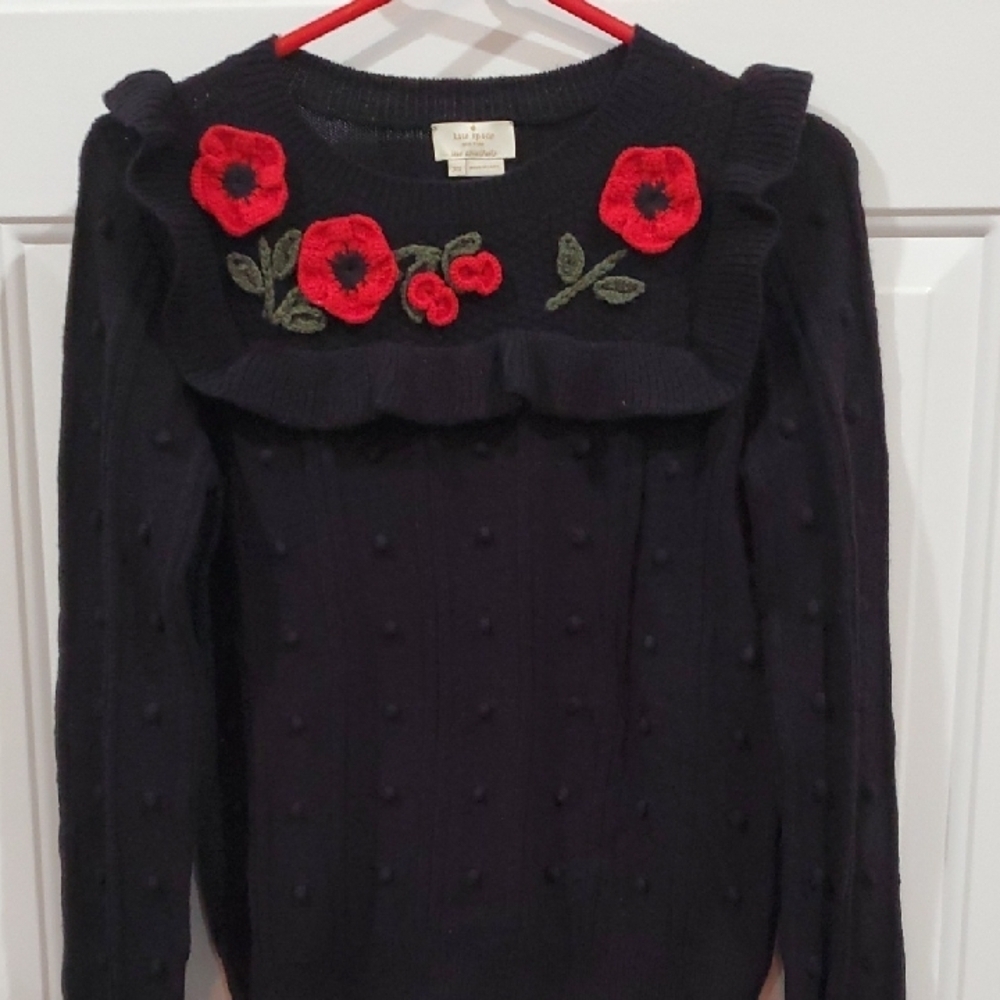 Kate Spade NY POPPY Black Sweater with Red Floral Embroidery - Picture 2 of 12